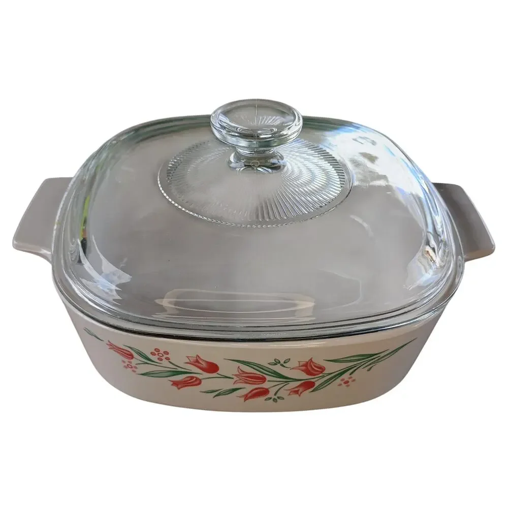 VTG Corning Ware - A-2-B - ROSEMARIE/Pink Tulip - Casserole Dish w/Lid - 2 Liter